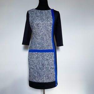 Stretch Mini Dress Modern Little Black Short Dress Grey Blue Accents 3/4 sleeve